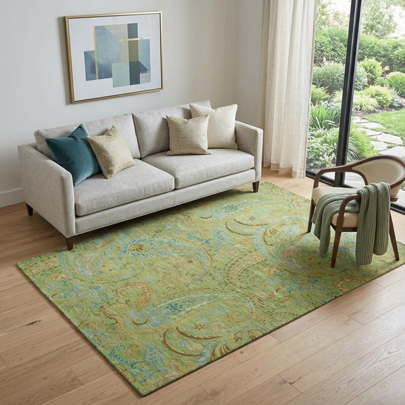Tapis vert / bleu à motif cachemire lavable 5 pi x 8 pi avec protection UV