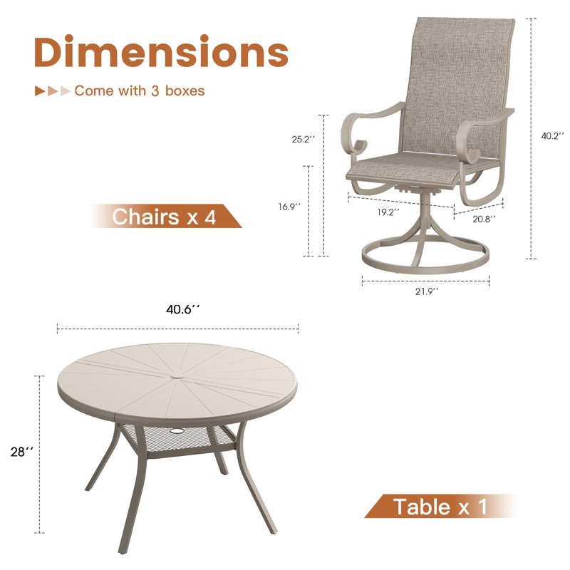 Aluminum Patio Dining Set with Aluminum Round Dining Table and 4 PVC-coated polyester Swivel Dining Chairs