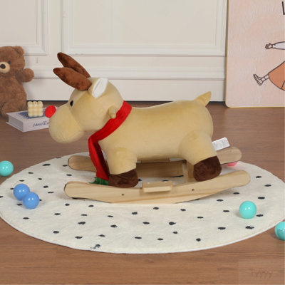 Kids Ride-On Rocking Horse Toy with Jingle Bells,Moose Rocking Toy with Hand Puppets and Safety Belt For Children 1-3 Years,Soft Plush Fabric,Apricot,CPC Certified