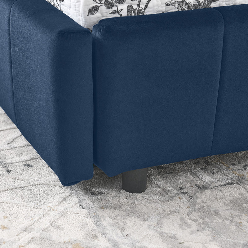 Storage Upholstered Tufted Bed Frame Sofa Bed Frame with Comfortable Backrest and Armrests, Dark Blue