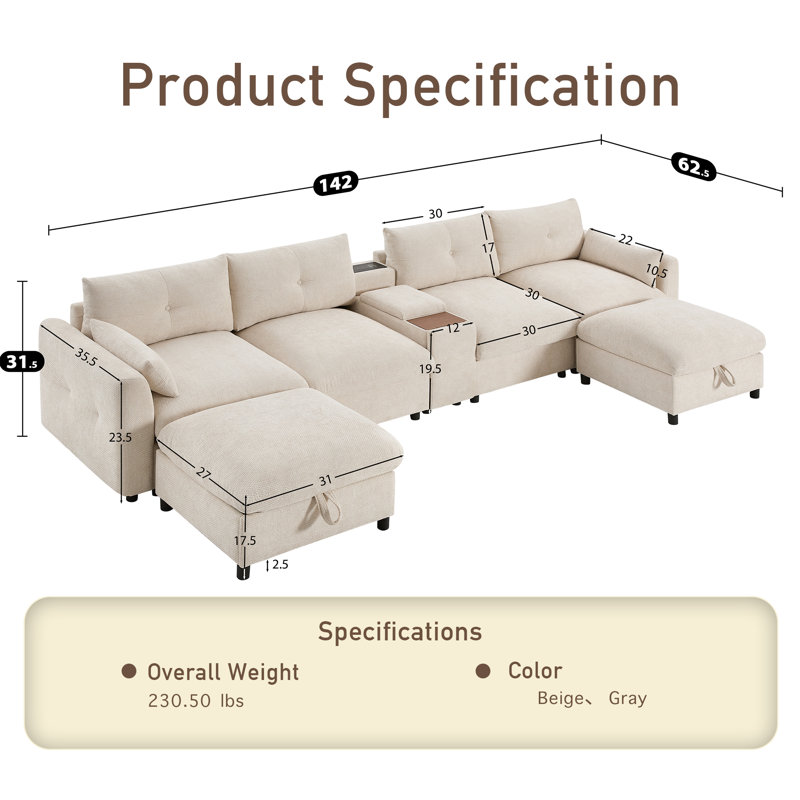 Canapé modulaire en tissu de chenille 6 places avec repose-pieds, Chenille beige