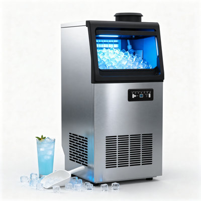 13.78 in. 140 lbs./24H Commercial Stainless Steel Ice Maker Freestanding with 30 lbs. Storage Bin, Full Cube Ice, Dual Water Inlet