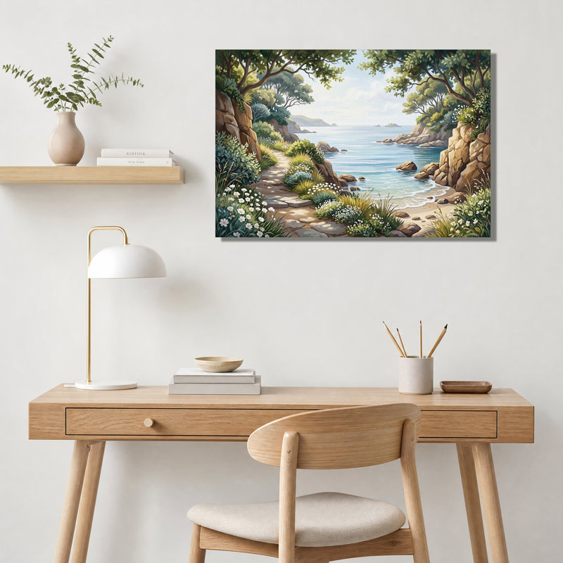 Tableau sur toile représentant un sentier côtier rocailleux avec des fleurs sauvages blanches, H 28 po x l 40 po