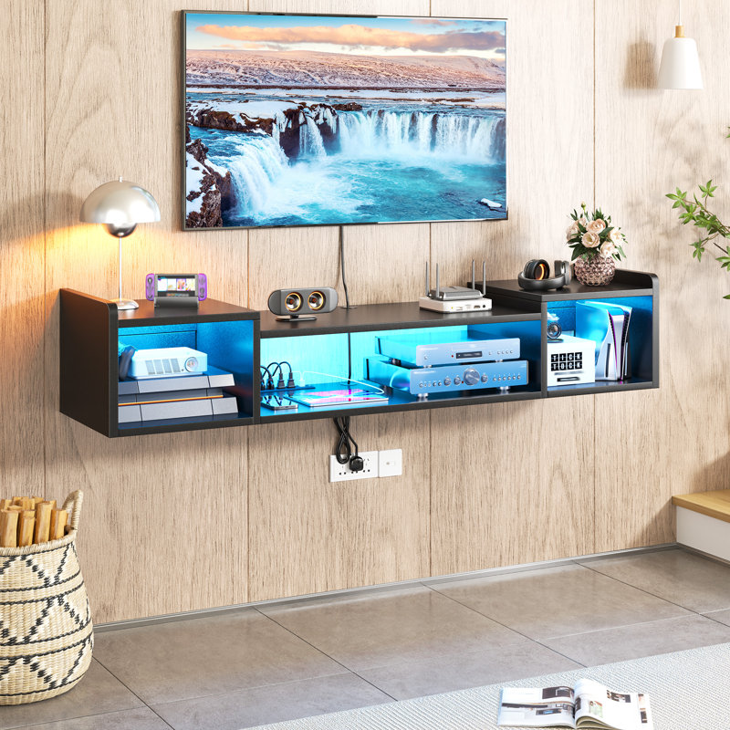 Meuble télé flottant et de plancher avec prises intégrées, lumières DEL et gestion des câbles - Console multimédia moderne 55 po / 71 po