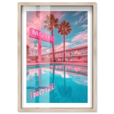 Motel Under Neon Lights Shadowbox Print Fashion Art Prints by Notoriart, Blonde Frame, 31 x 46