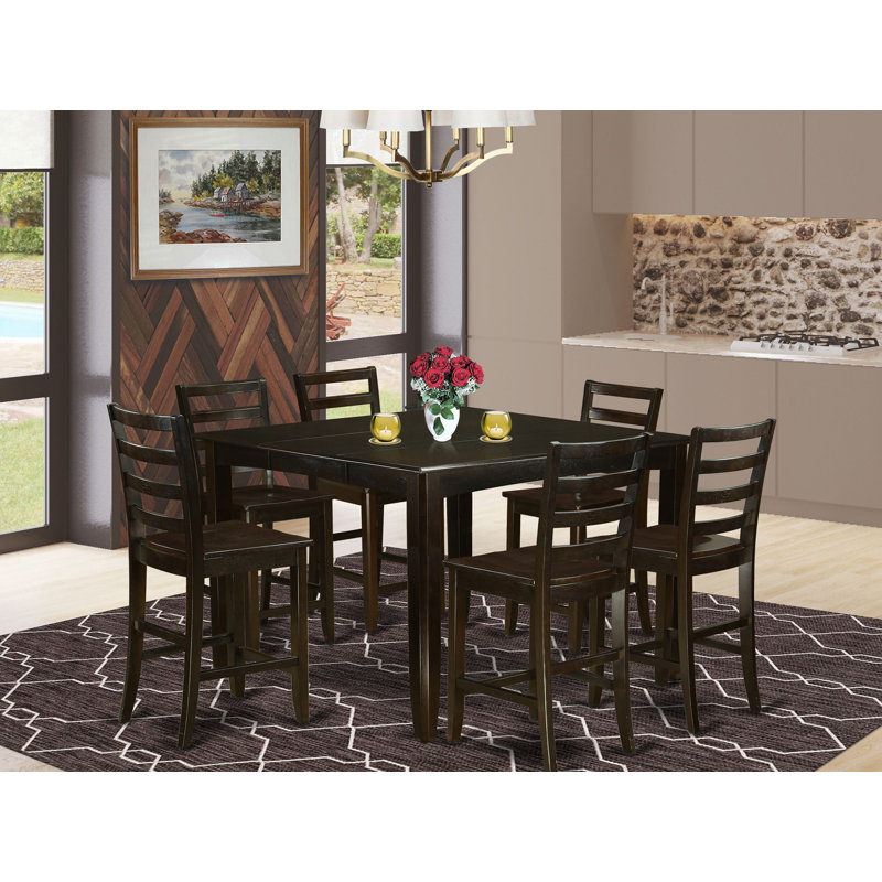 7 Piece Kitchen Counter Set Consist of a Square Dining Table with Pedestal and 6 Dining Room Chairs, Cappuccino