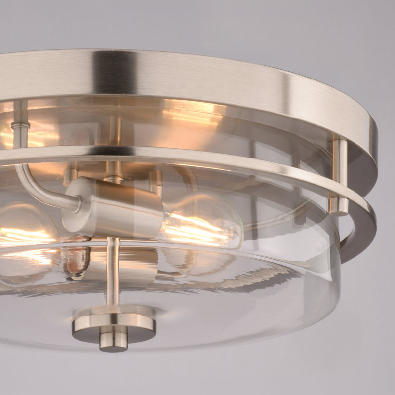 Plafonnier encastré 2 lumières Grace, finition nickel satiné, conception ronde, verre transparent, 14,75 po de largeur, compatible avec les DEL