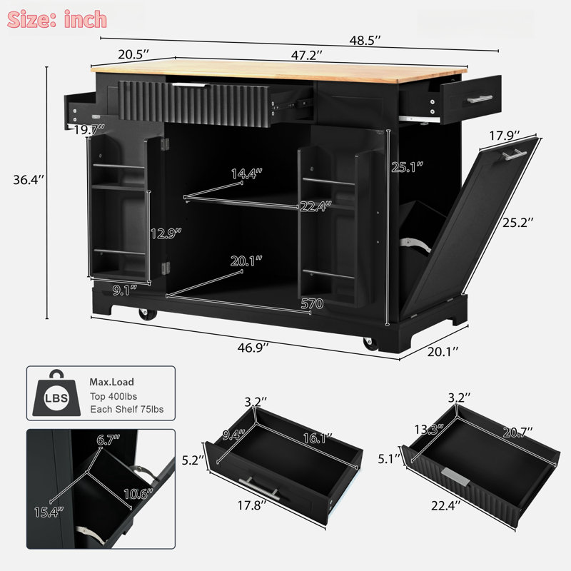 Îlot de cuisine roulé cannelé avec armoire de rangement pour poubelle, prise de courant, support de rangement interne, 3 tiroirs, 3 supports latéraux ouverts
