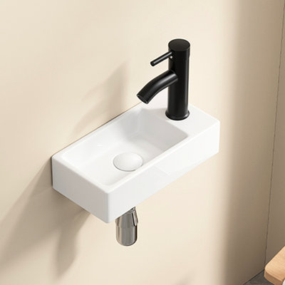 American Design Milk White Ceramic Wall Hung Wash Basin, Right Hand Tap Hole, Rectangle Shape, 14.19*6.97*3.56Inch, Small And Stylish For Spaces