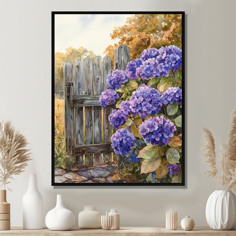 Demi Summer Hydrangeas By The Farm Fence II - Hydrangea Wall Art, Noir, Impression encadrée sans passe-partout