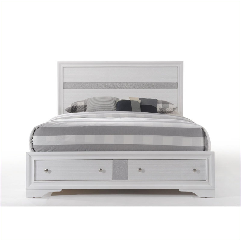 Storage Platform Bed For Residential Bedroom White Finish Synthetic Wood Queen Size With Built-In Drawer Storage