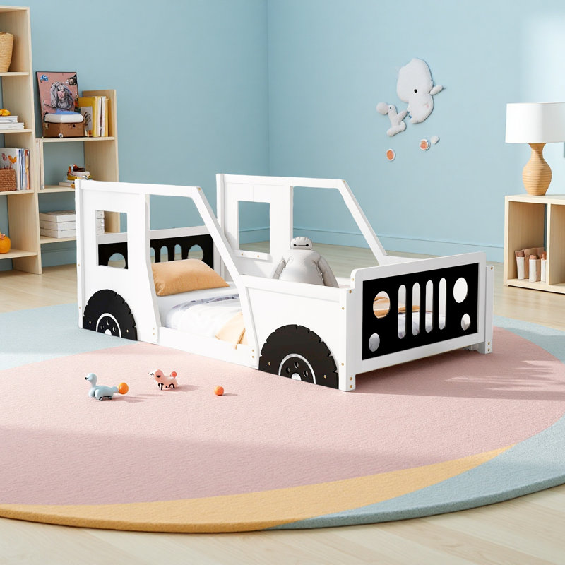 Lit plateforme classique avec roulettes en forme de voiture, Blanc