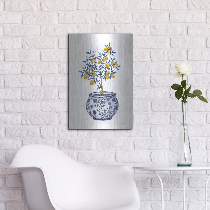 Art mural en métal luxueux «Lemon Tree In Chinoiserie 1» par Yvette St. Amant, H 24 po x l 16 po