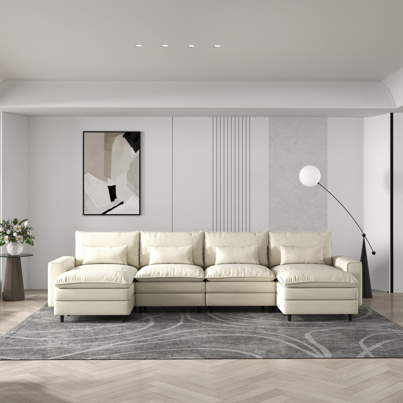 Canapé en chenille 4 places avec 2 repose-pieds et coussins lombaires en chenille - Flexibles, confort familial, Blanc