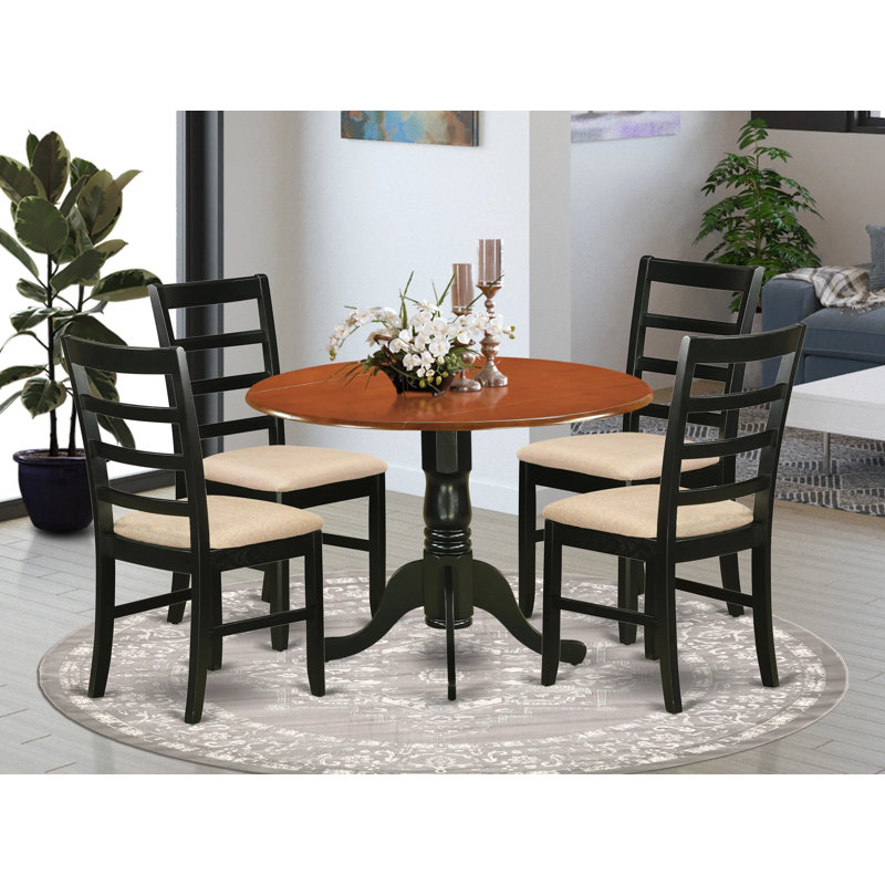 L'ensemble 5 pièces de table et chaises de cuisine comprend une table de salle à manger ronde avec Dropleaf et 4 chaises rembourrées en tissu de lin, 42 x 42 pouces, noir et cerise