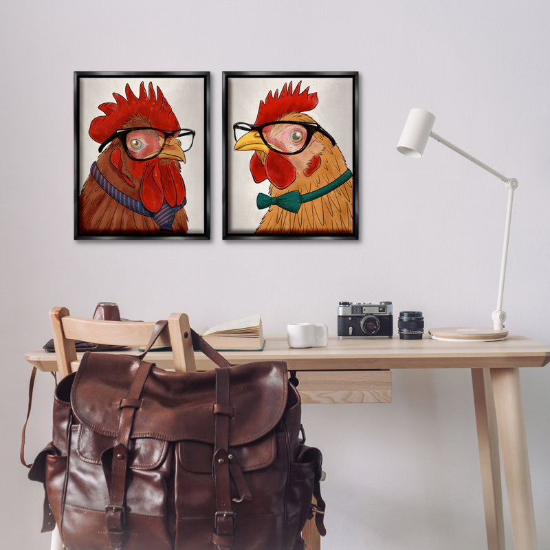 Ensemble de cadres flottants 2 pièces Quirky Hipster Roosters, design par Marcus Prime, Cadre flottant noir de jais