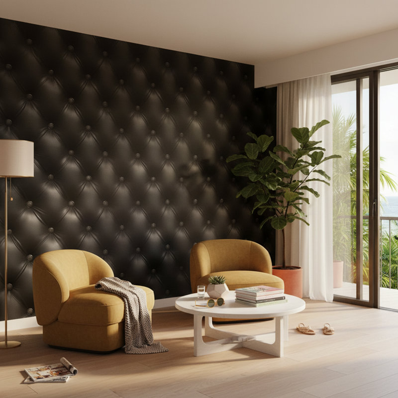 Panneau décoratif texturé en cuir noir avec boutons