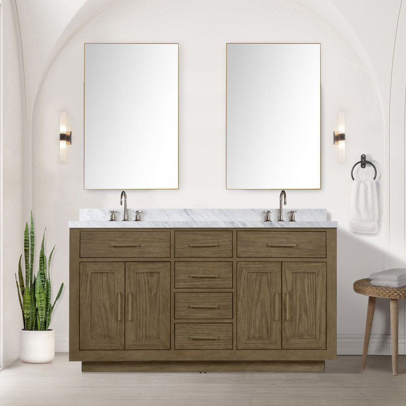 Meuble-lavabo double en chêne gris 60 po X P 22 po D, avec plateau en marbre de Carrare, Gris