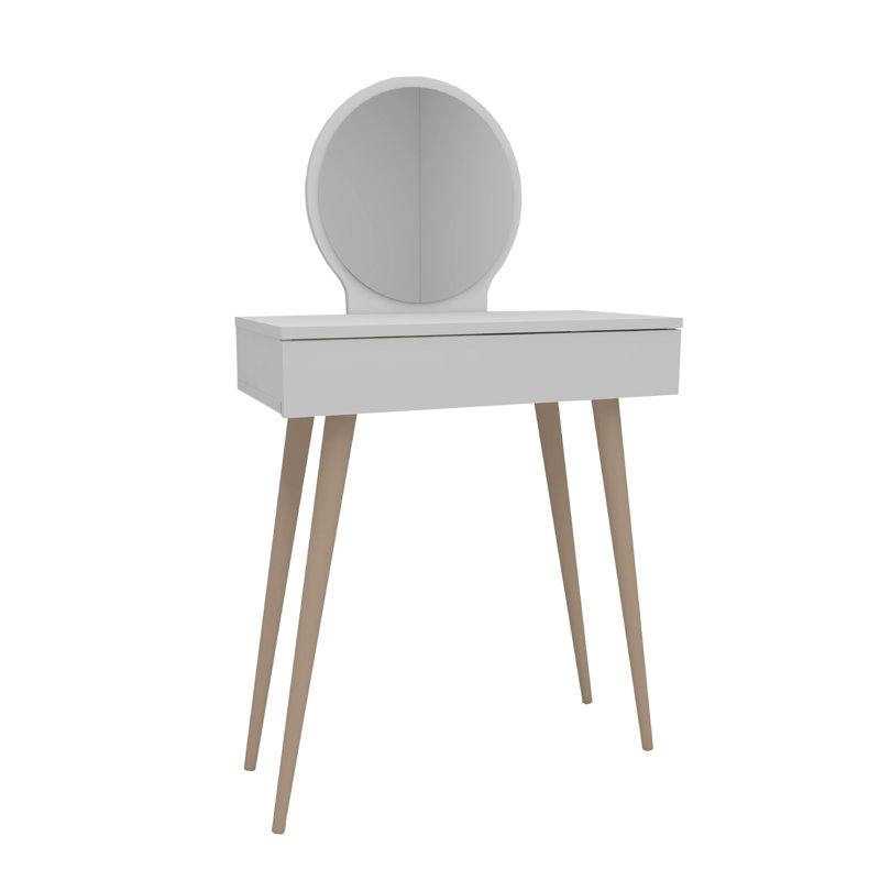 Table de maquillage moderne avec miroir, finition blanche, 51,0 po x 28,3 po x 13,8 po | 100% panneau de particules enduit de mélamine, 0,7 pouce d'épaisseur | Pieds élégants en bois de hêtre, parfaits pour les chambres à coucher contemporaines et les espaces de coiffeuse