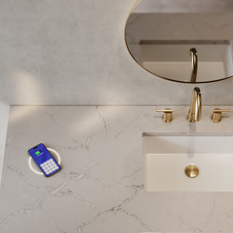 Chicago 60"W Single Vanity W/ Freepower Wireless Charger, Walnut Whisper, Victorian Silver