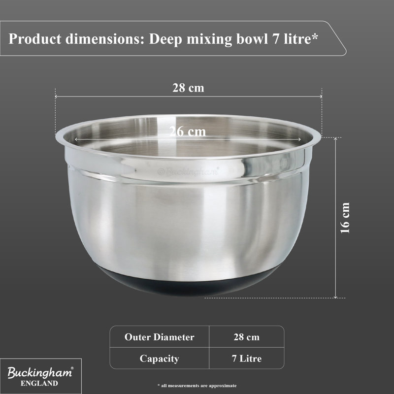 Buckingham Deep Salad Mixing Bowl Stainless Steel With Black Silicone Base, 28cm