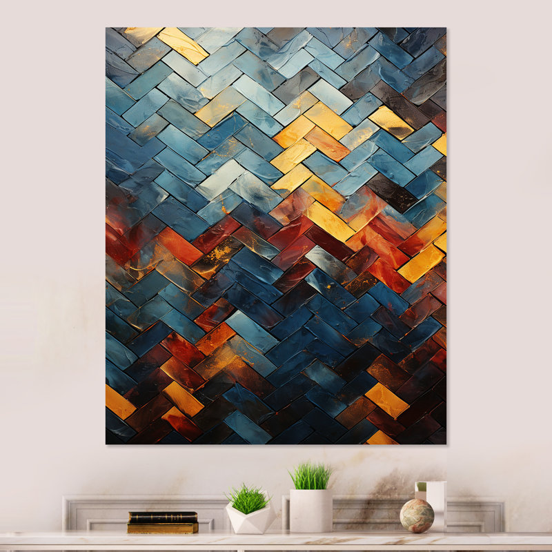 Carreaux cubiques abstraits jaunes et bleus - art mural en métal abstrait, H 20 po x l 12 po x P 1 po