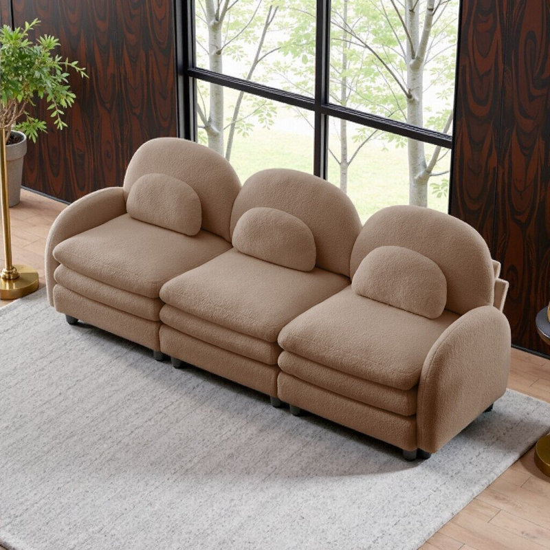 Canapé modulaire 3 places avec coussin double couche UnaNoxa, tissu polaire doux, dossier incurvé, Chameau