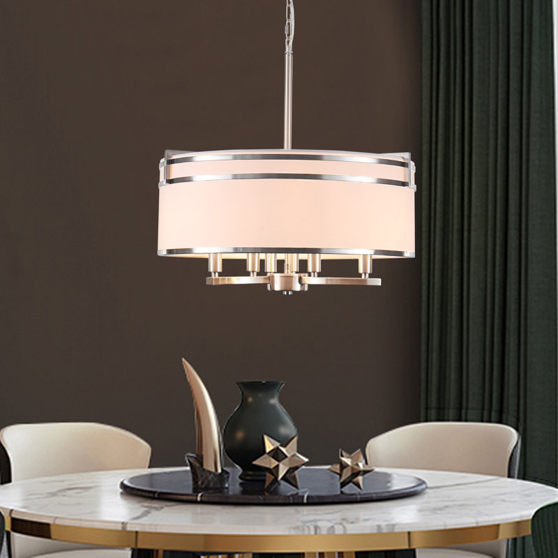Modern 6- Light 20.86" Dimmable Farmhouse Drum Chandelier With Fabric Shade For Kitchen Island Living room, Nickel