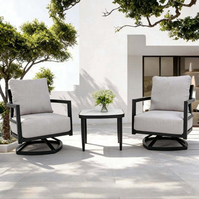3PC Outdoor Aluminum Patio Furniture,Modern Fully Weld Swivel Lounge Chair Chat Set,Sunbrella Cushions,Elegance Arc 23.6'' Side Table With Greek White Marble-Inspisintestone Top