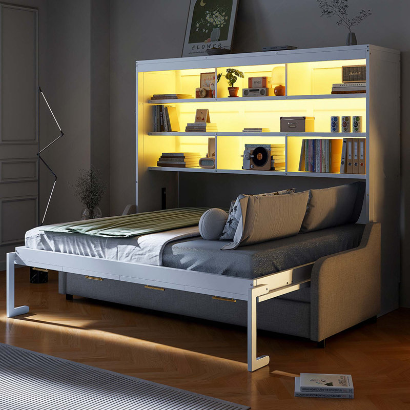Lit armoire avec canapé escamotable Murphy, tablettes de rangement intégrées et lumière DEL, Full