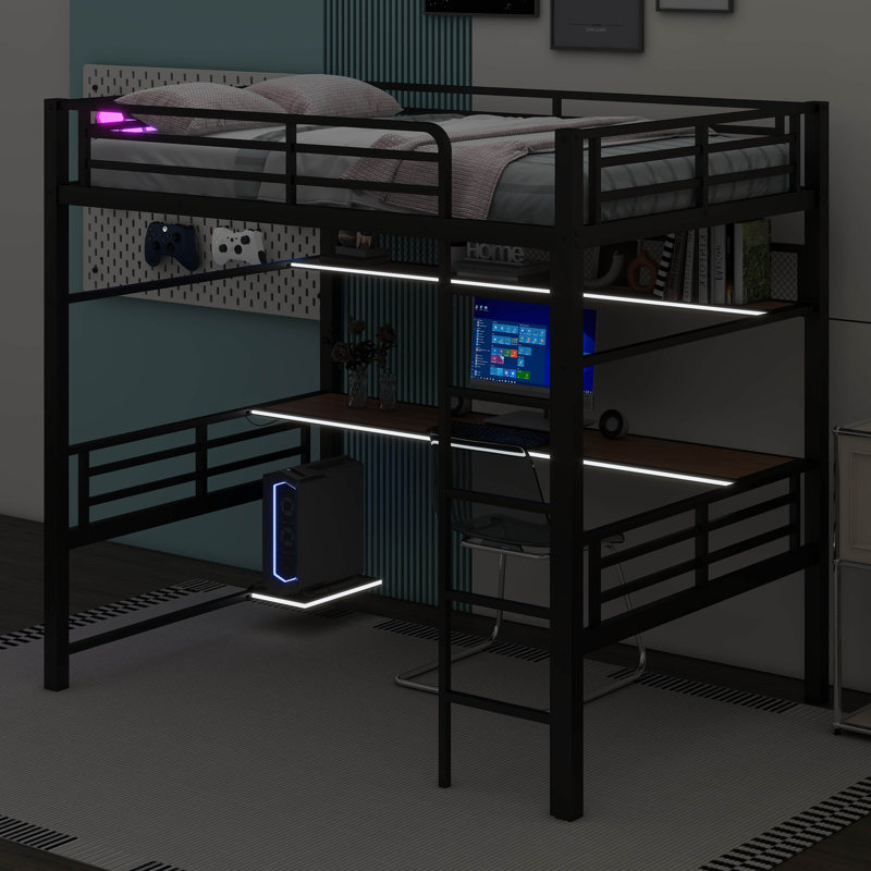  Bowmin Full Size Metal Loft Bed Frame With Storage Shelf And LED Light