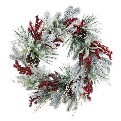 24"D Christmas Flocked Pinecone & Berry Wreath