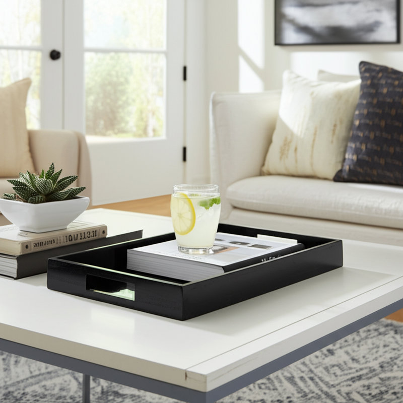 18" Simple Black Serving Tray Contemporary Decorative Wood and Glass Serving Tray - 18" x 12" x 2"