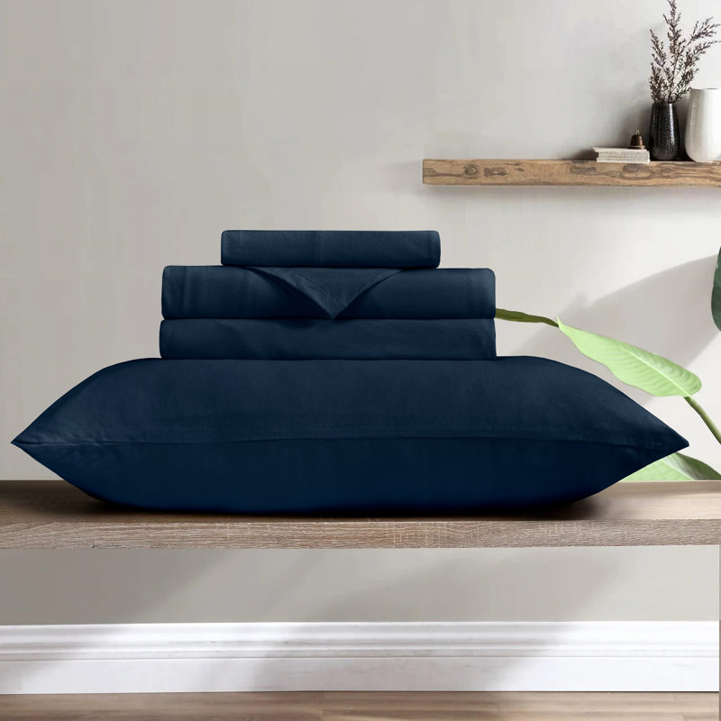 Ensemble de draps 100% coton jersey, Ensemble de draps pour lit simple TG + drap-housse, Bleu marine