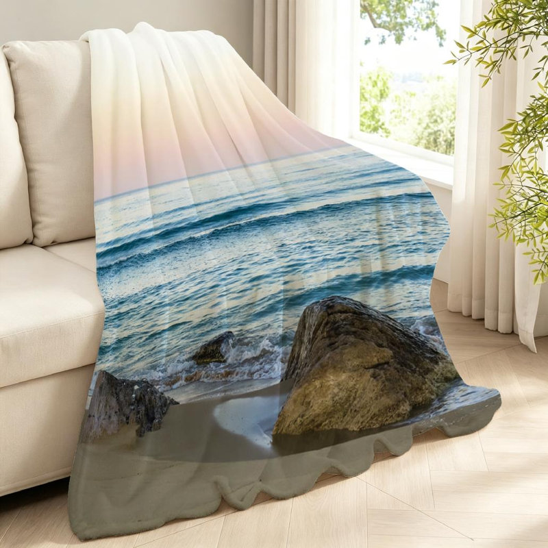 Jeté en molleton bleu flanelle ultra douce, plage de sable déserte sur un côté, Jeté 40 po x 50 po