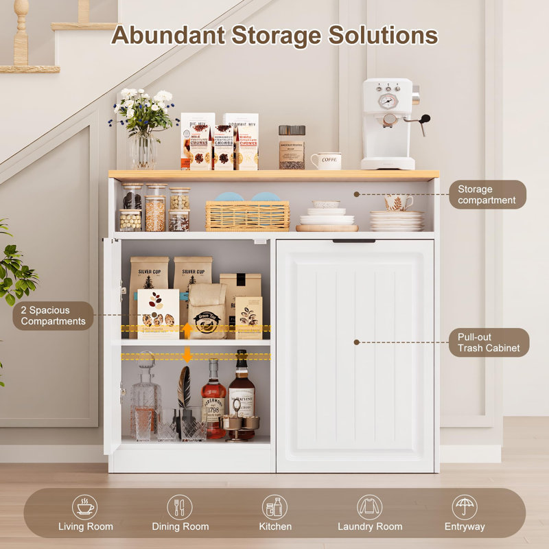 Meuble-poubelle coulissant pour poubelle de 49 litres avec rangement, blanc