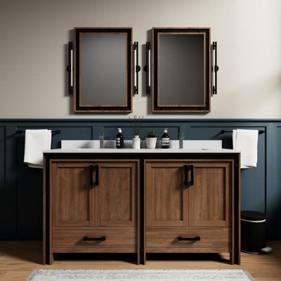 60 po L x P 22 po Meuble-lavabo rustique pour salle de bain avec comptoir en quartz blanc et miroirs - sections à fermeture en douceur, teinture pour griffes, deux armoires de rangement pour salle de bain double de 60 po avec composants de 22 po