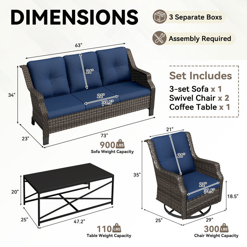 Ensemble de patio extérieur en osier pour 5 personnes avec canapé 3 places, chaises, table basse et coussin bleu, Bleu