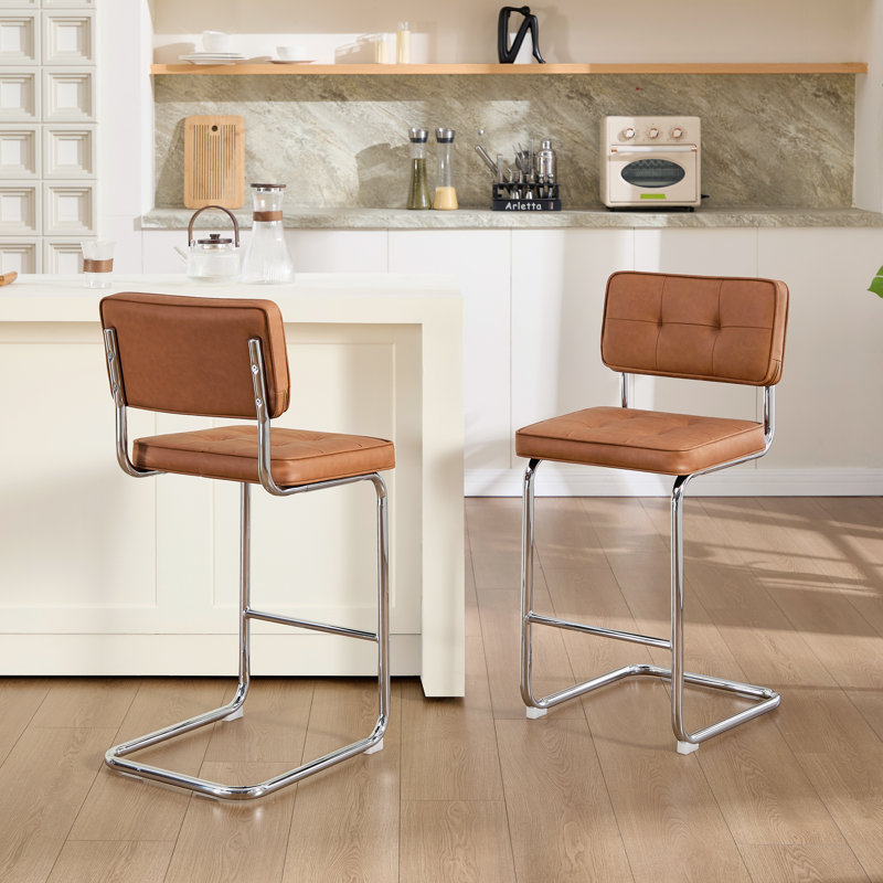 Tabouret de bar cantilever Marlow 25,6 po de style moderne du milieu du siècle, en similicuir, avec dossier et structure en acier
