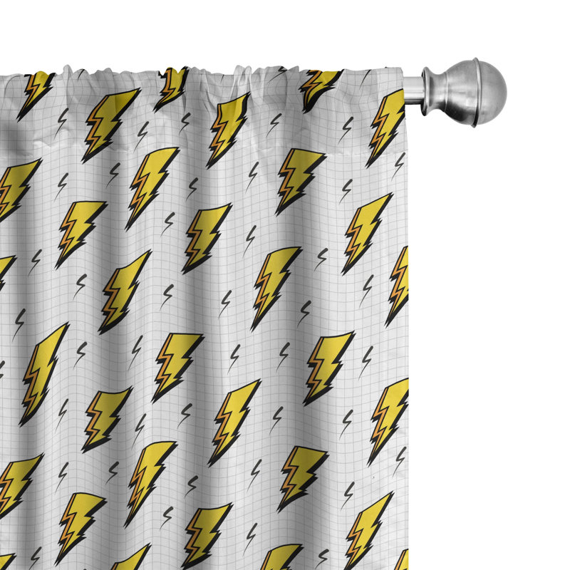 Abstract Window Curtains, Vintage Eighties Thunder Bolts on Notebook Page Background Funky Retro, Lightweight Decorative Panels with Rod Pocket Yellow Black White Semi-Sheer Rod Pocket Sliding Panel