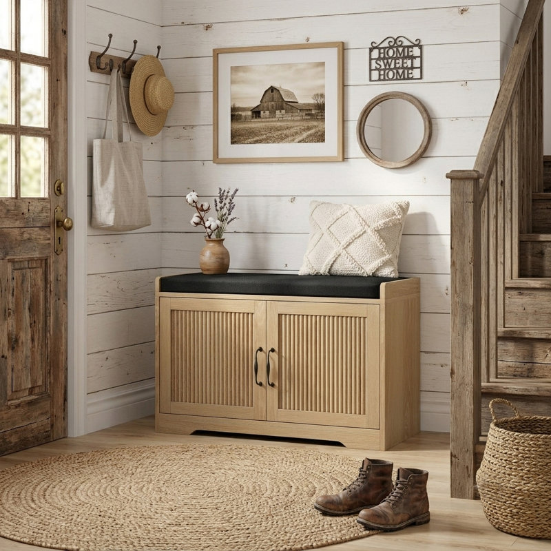 Banc de rangement à chaussures à 2 niveaux avec siège rembourré épaissi et tablette réglable, Oak, Oak
