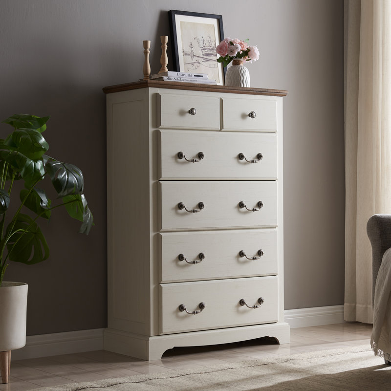 Krijna 32" W  Vintage 6 Drawers Dresser Chests, Wood Rustic Tall Chest of Drawers, Antique White/Walnut