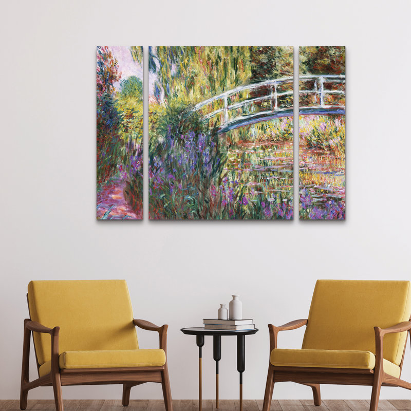 Ensemble de 3 panneaux muraux sur toile - "Le pont japonais IV" par Claude Monet pour décoration de salon, de chambre à coucher ou de bureau 