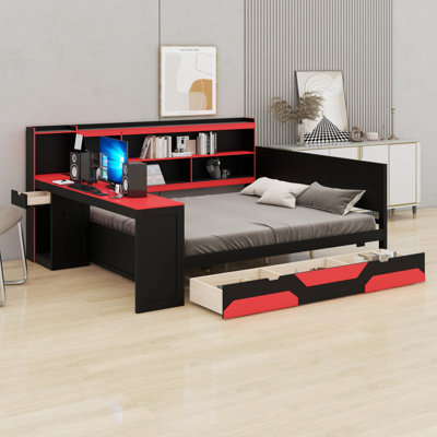 Lit de jour de style jeu avec lumières DEL, bureau intégré et 3 tiroirs de rangement
