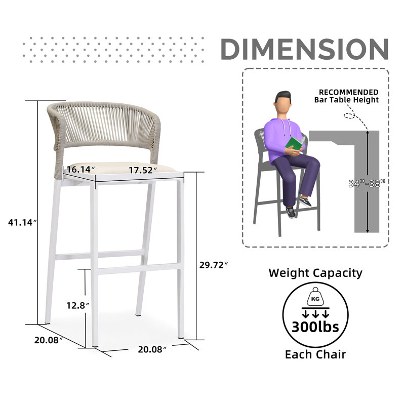Brasia 29.72" Patio Bar Stool with Cushion, White Frame/White Cushion