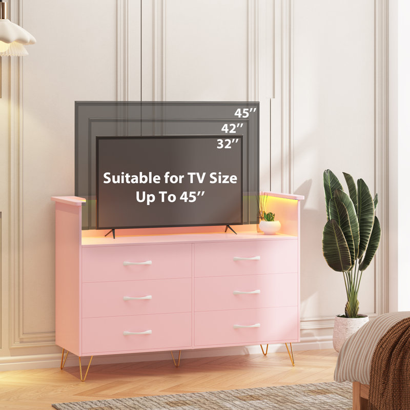 Commode 6 tiroirs avec lumières DEL et station de charge - Commode en bois large moderne, structure en acier, poignées faciles à tirer, rangement idéal pour la chambre à coucher, le salon, le placard ou le vestibule - Couleur: blanc