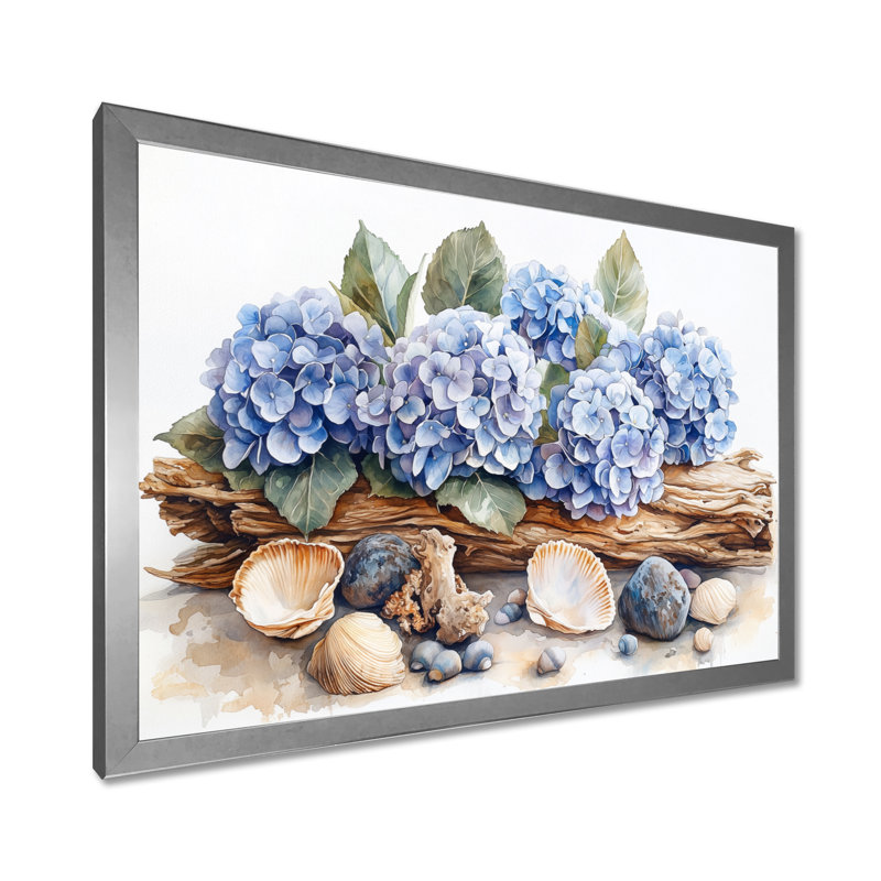 Domoni hortensias et bois flottant, H 34 po x l 44 po, Reproduction encadrée d'une seule photo, Argent argent