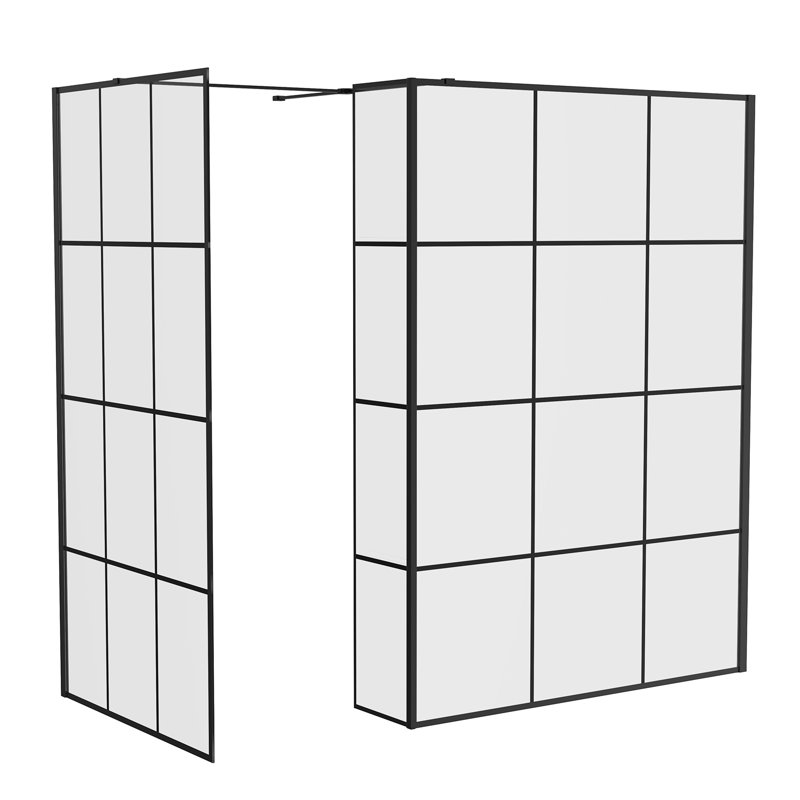Black Grid Walk In Shower Enclosure Wet Room Glass Screen 1100mm & 1000mm with 215mm Return Panel