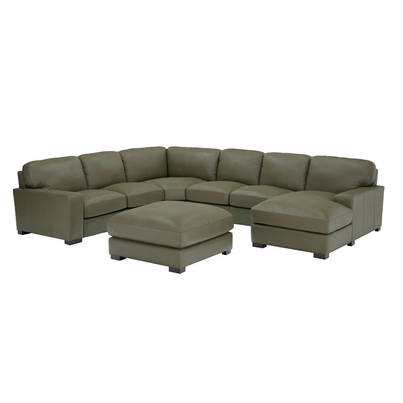 Antanisha 139.5" Wide Genuine Leather Left Hand Facing Modular Sectional with Ottoman, Olive Green Genuine Leather