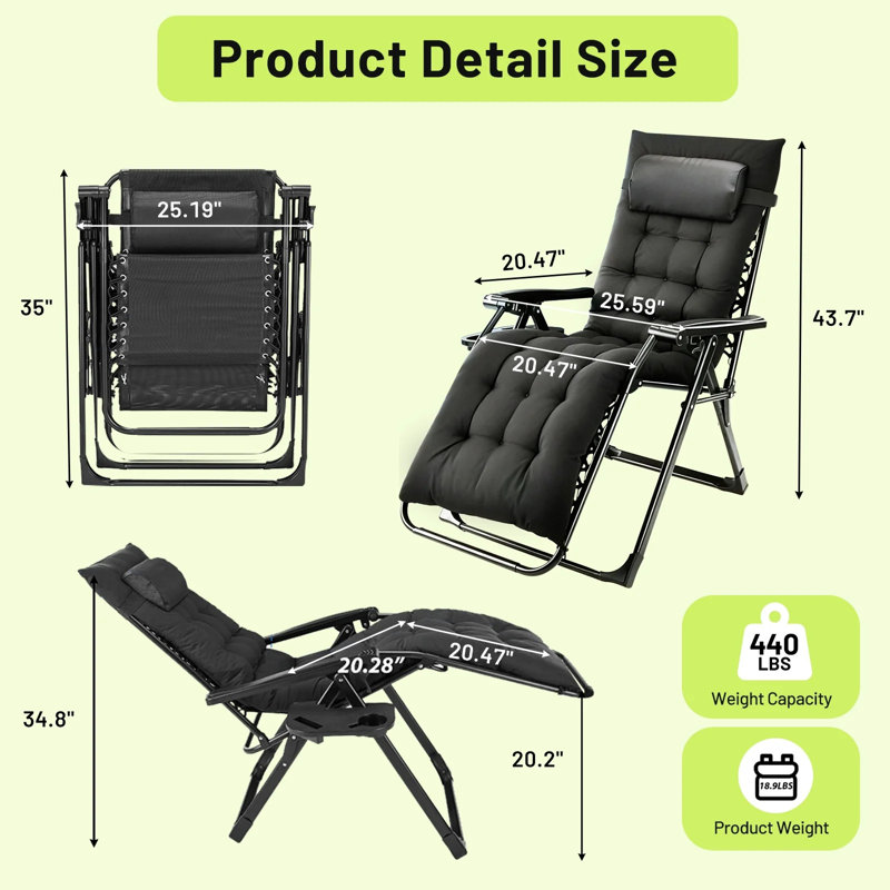 Zero Gravity Chair Recliner Lounge Chair with Removable Cushion & Cup Holder Portable Folding Recliner, Black